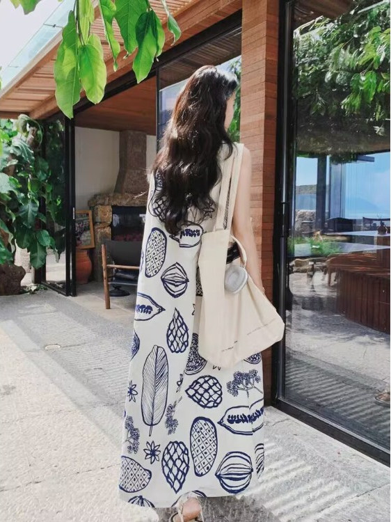 Summer Clothing Tagline - 夏用ルーズAラインベストワンピース レディース 植物柄ノースリーブスカート 大きいサイズ ブランドタグ取り外し カジュアル通勤スタイル