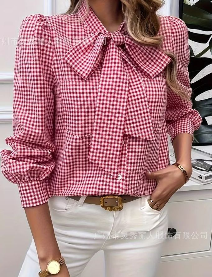 Tie Front Shirt - 女性の春カジュアルチェック柄プリントシャツ秋のファッション蝶ネクタイレースアップ長袖トップスレディエレガントスタックカラーブラウス