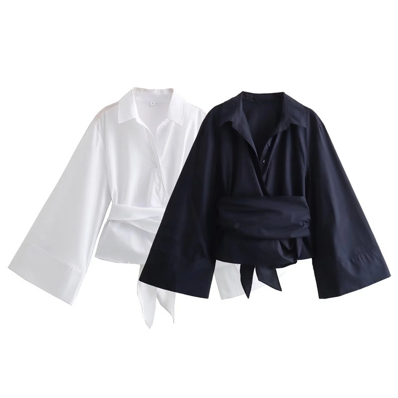 Tie Front Shirt - 女性用長袖着物ブラウス,蝶ネクタイ付きブラウス,カジュアルなポロカラー,フロントボタン,女性用シャツ,ダブルブレストポプリンシャツ