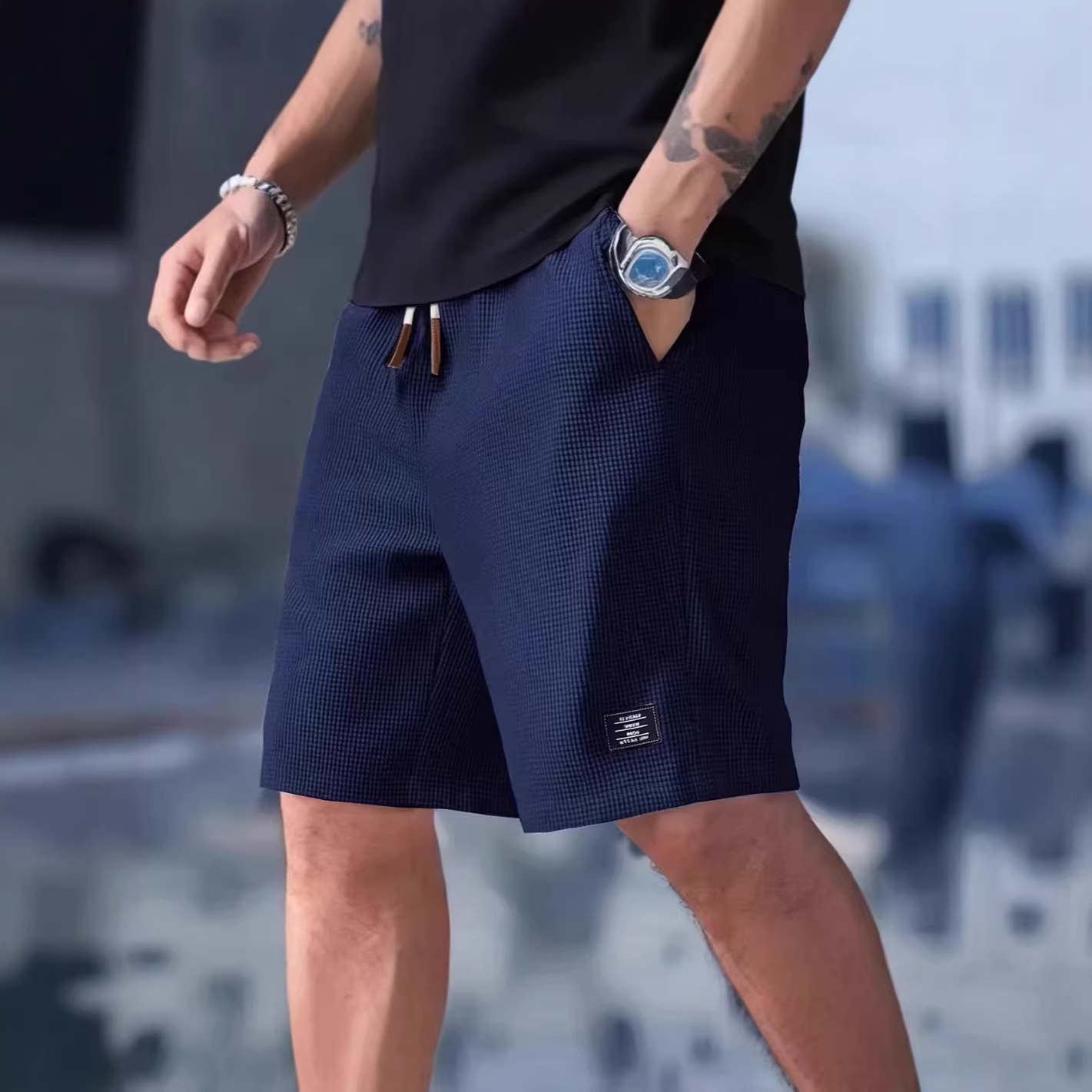Summer Clothing Deals - メンズショートパンツ ブラック ワッフル オーバーサイズ メンズショーツ 3XL