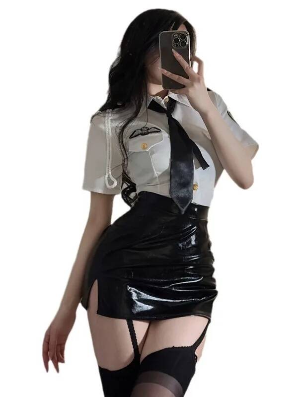 Summer Clothing Bundle - セクシーなサラリーマン服セット,襟を折りたたんだ服,半袖,伸縮性のあるウエスト,黒い革のラップ,お尻,夏,新品,2階建て