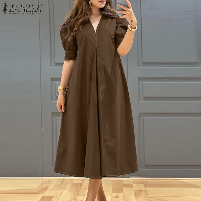 Summer Clothing Bundle - ZANZEA プラスサイズ 5XL レディースカジュアルミディドレス V ネックショートパフスリーブ