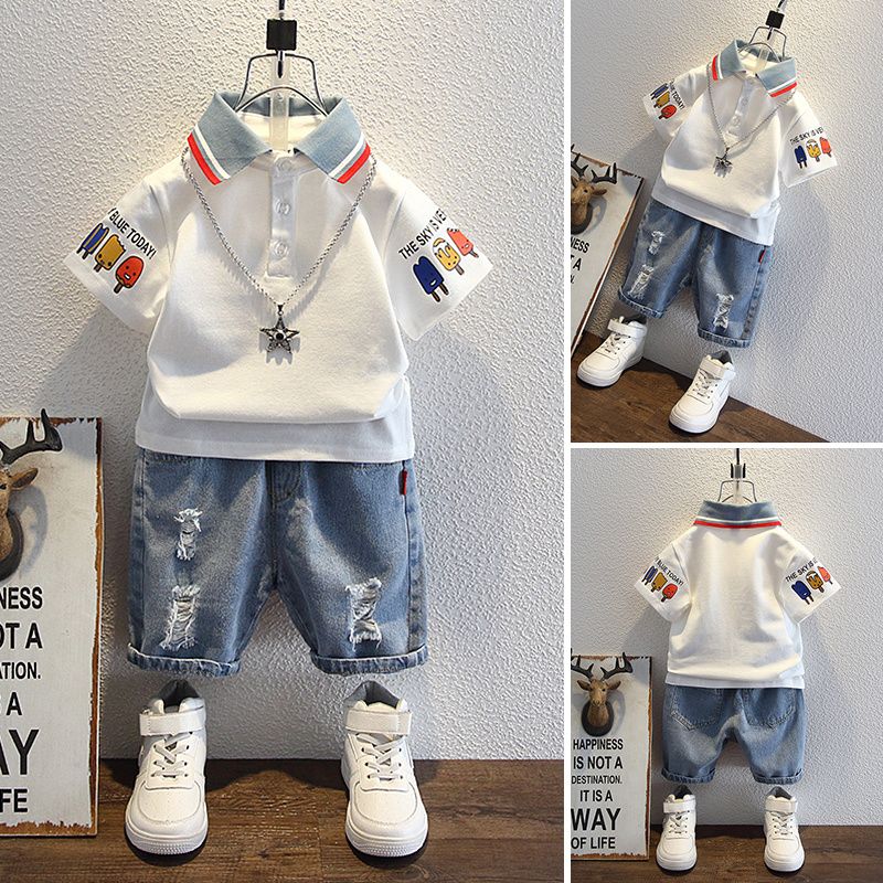 Summer Clothing Reviews - 2025年夏 男の子用Tシャツとジーンズ 韓国風ポロシャツ ファッション カジュアル服2点セット 韓国レビュー