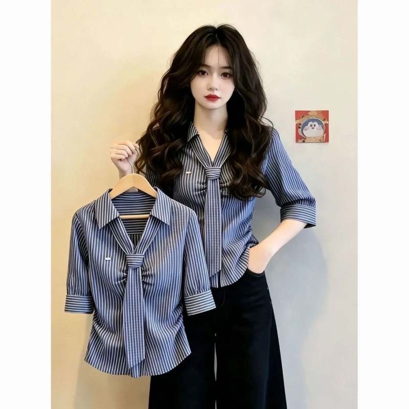 Summer Clothing Trends For Women - ポロネックレース半袖スリムストライプエレガントブラウス夏オールマッチボタンヴィンテージシャツトップス韓国トレンド女性服