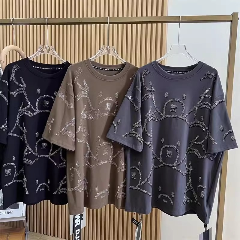 Summer De Clothing - 女性の漫画のクマのパターンのダイヤモンドのTシャツ,半袖のゆったりとしたトップス,大きいサイズの服,夏,lから4xl