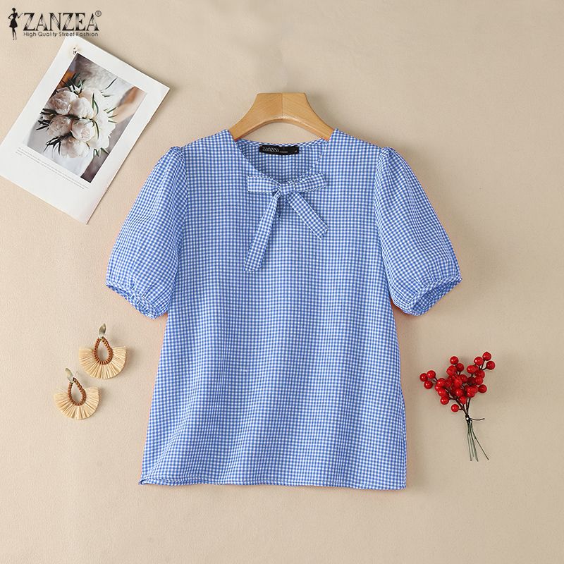 Summer De Clothing - ZANZEA 女性夏ヴィンテージギンガムチェックブラウスボウディテール V ネックショートパフスリーブチェックトップスデイリーカジュアル Blusas de