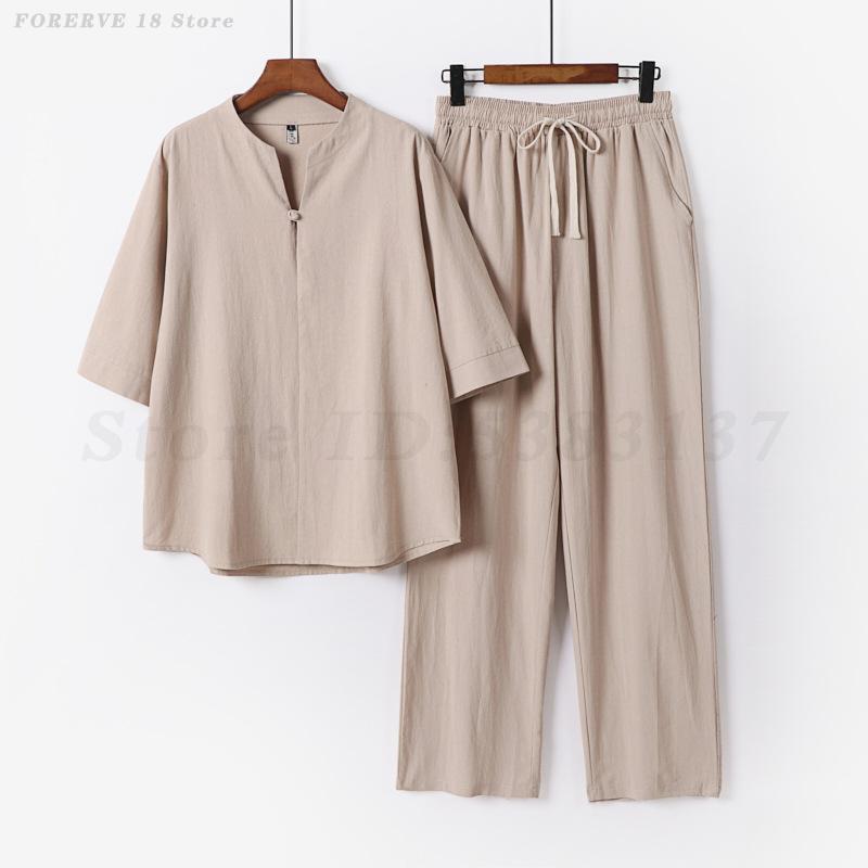 Summer Clothing Men Linen - 夏新作リネンコットン男性用2ピース半袖トップス＆パンツ練習着武術太極拳服中国伝統服