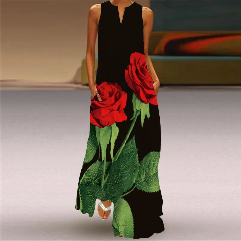 Summer Rose Clothing - 女性用ポケット付きピンクプリントのロングドレス,セクシーなノースリーブドレス,Vネックのマキシドレス,カジュアルなビーチパーティー,婦人服,赤,夏