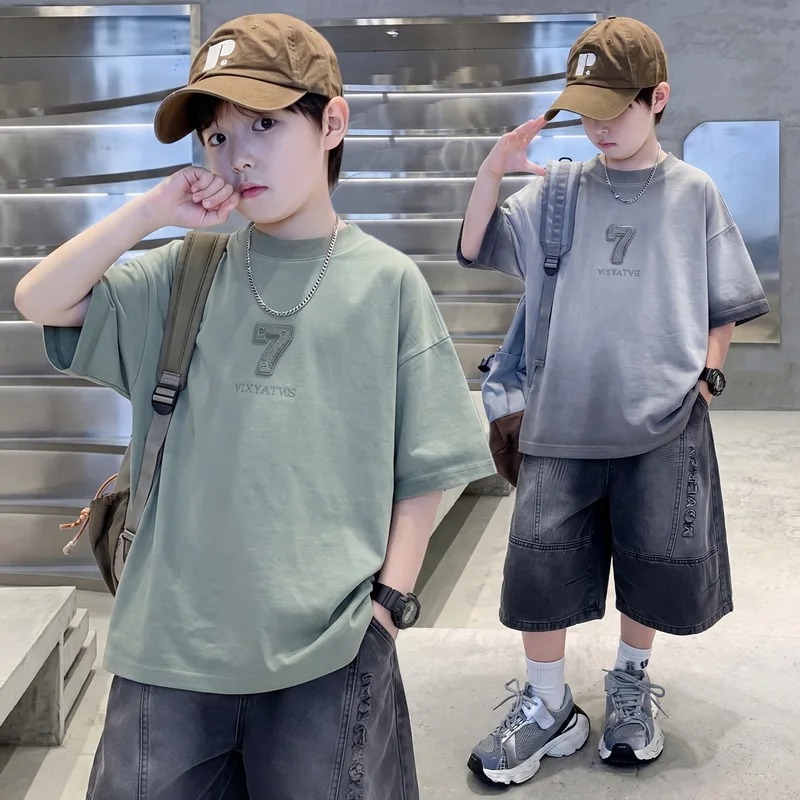 Summer Clothing For Teens - 十代の少年の夏のスポーツウェアセット男の子の服子供のためのエレガントな T シャツ + デニムショーツ 2