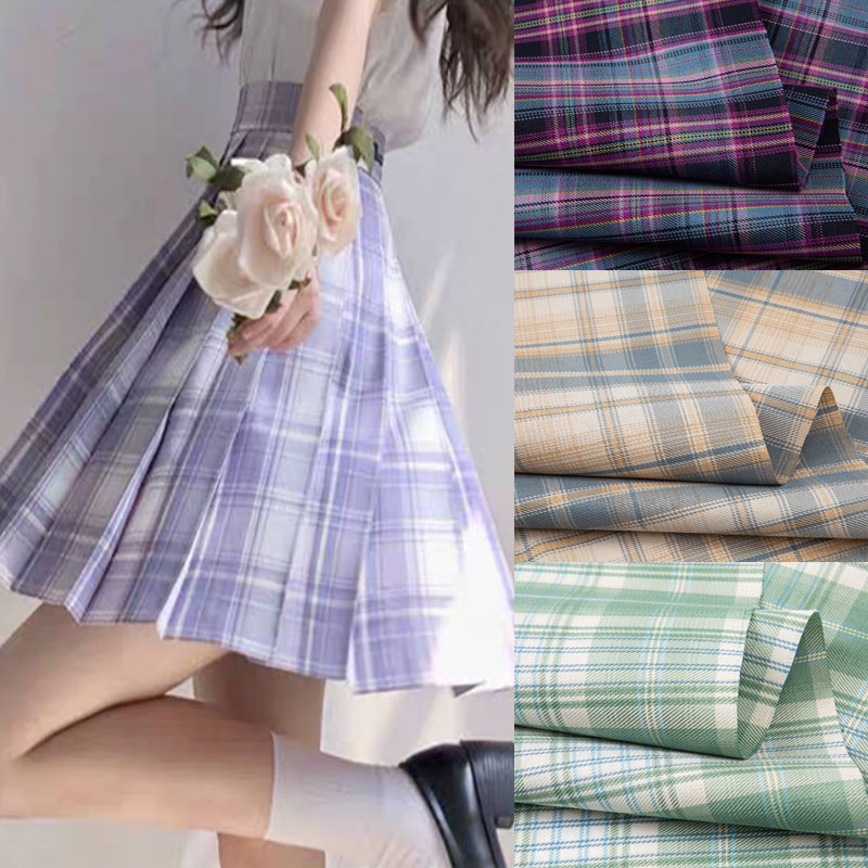 Summer Green Clothing - 日本の格子縞生地 スーツ、ドレス、衣類、縫製、夏用ポリエステル生地、針仕事、滑らかで通気性のある緑と青の色合い、メートル単位で販売