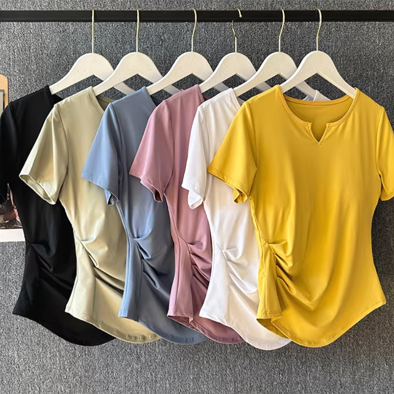 Summer Yoga Clothing - 女性用ヨガウェア 夏用ピラティストレーニングフィットネストップ 高級スポーツランニングセット 半袖速乾Tシャツ