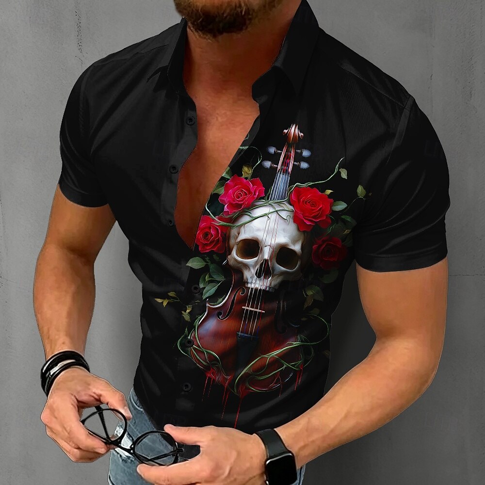 Summer Rose Clothing - メンズゴシックスカルシャツ半袖バイオリンローズグラフィックトップスブラックボタンダウンパンクロック夏のファッション服新しい