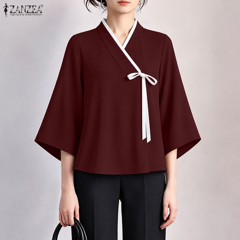 Tie Front Shirt - ZANZEA レディース 中国風 Vネック ラップブラウス エレガントなコントラストトリム