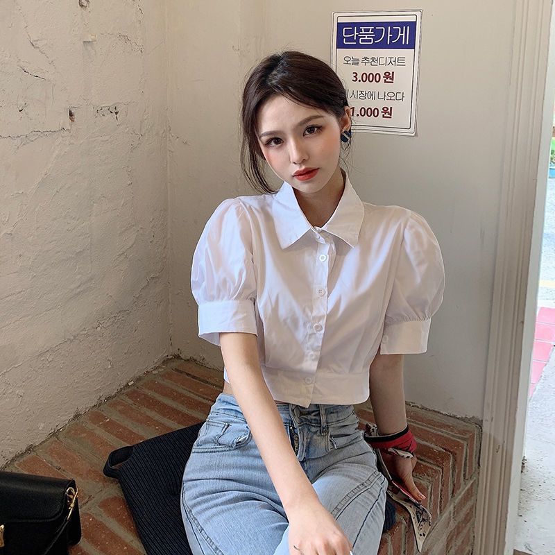 Summer Clothing For Teens - 韓国夏パフスリーブ白シャツクロップド女性エレガントな若者の襟ブラウス服プレッピー半袖かわいいトップ