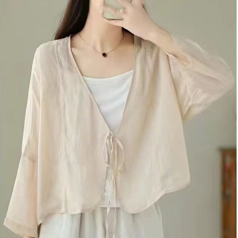 Tie Front Shirt - レディースヴィンテージ薄手日焼け止めカーディガン V ネックタイフロント七分袖ルーズショートカジュアルアウター