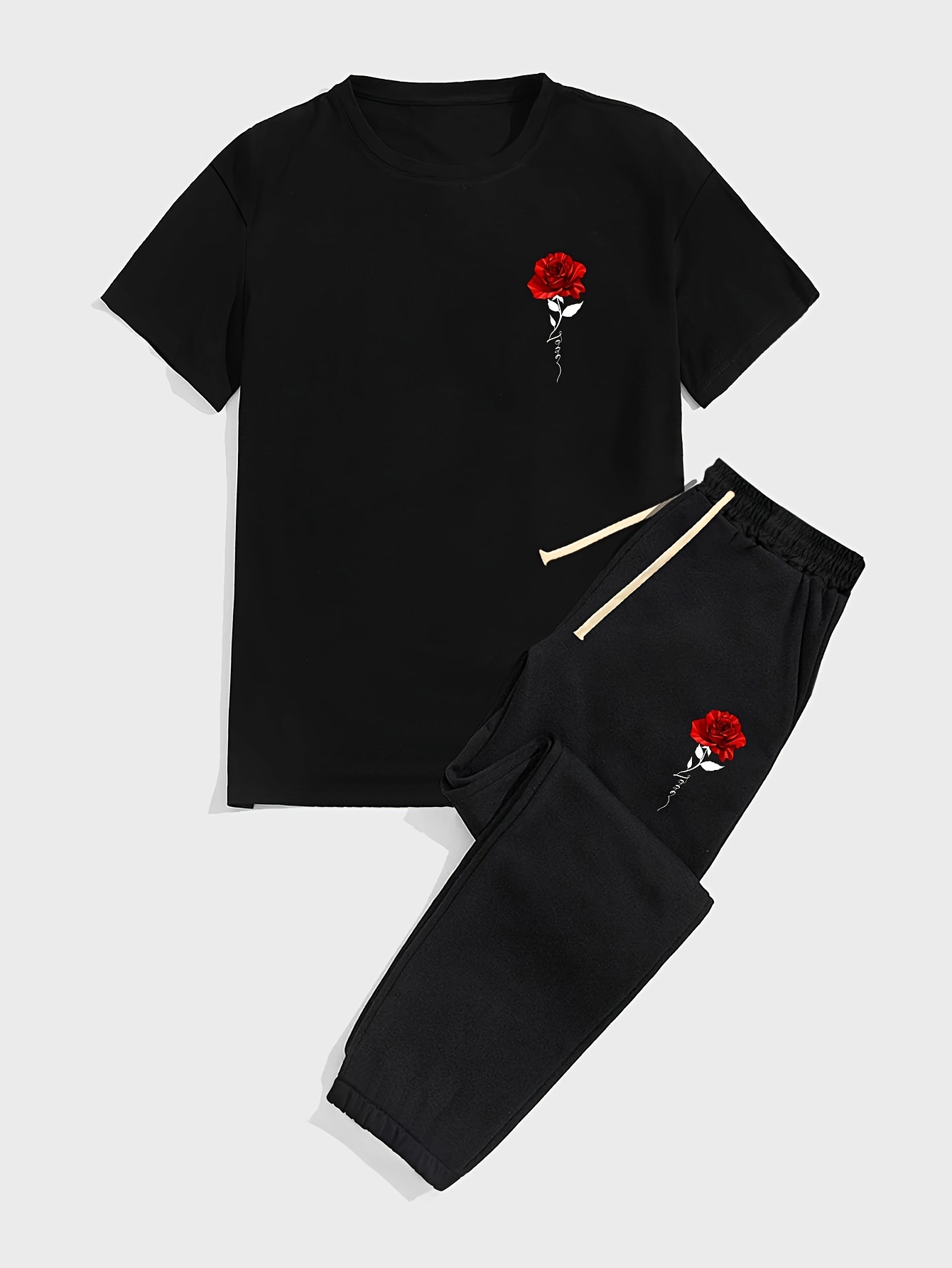 Summer Rose Clothing - メンズファッション新しい夏のローズプリント通気性と快適なラウンドネックTシャツパンツセットアウトドアストリートカジュアル服