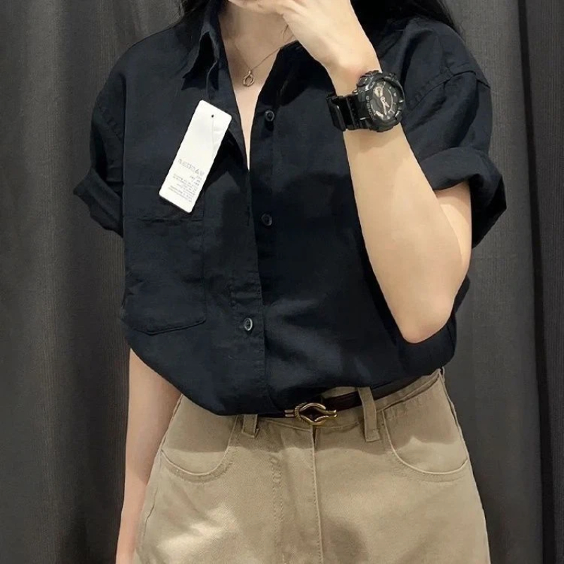 Summer Clothing Trends For Women - 韓国半袖ポロネックソリッドシンプルシャツトップス新しい夏のボタンパッチワークファッションブラウストレンド甘い女性服