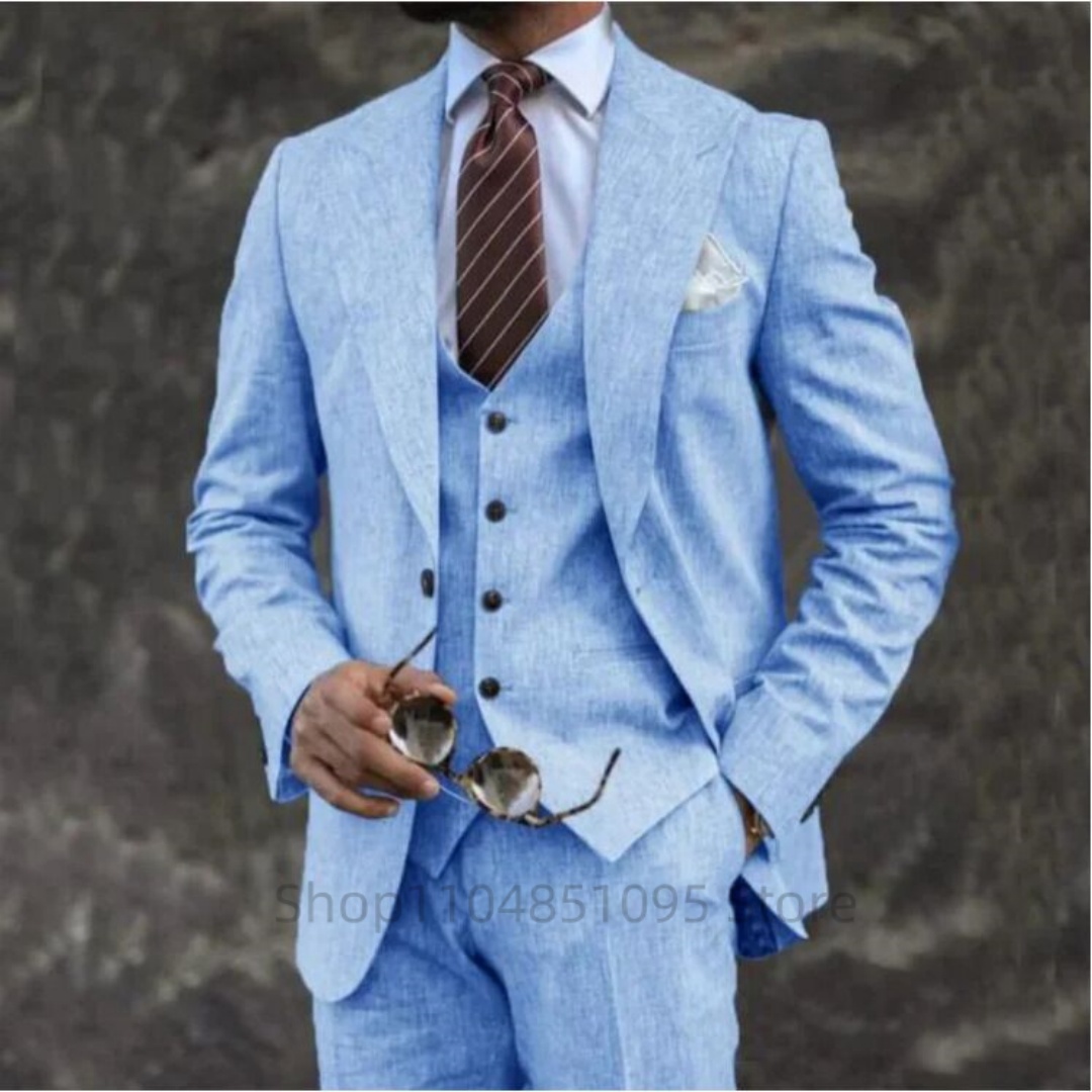 Summer Clothing Men Linen - 高品質3ピース ベージュ/ブルー リネン メンズスーツ ピークラペル スリムフィット