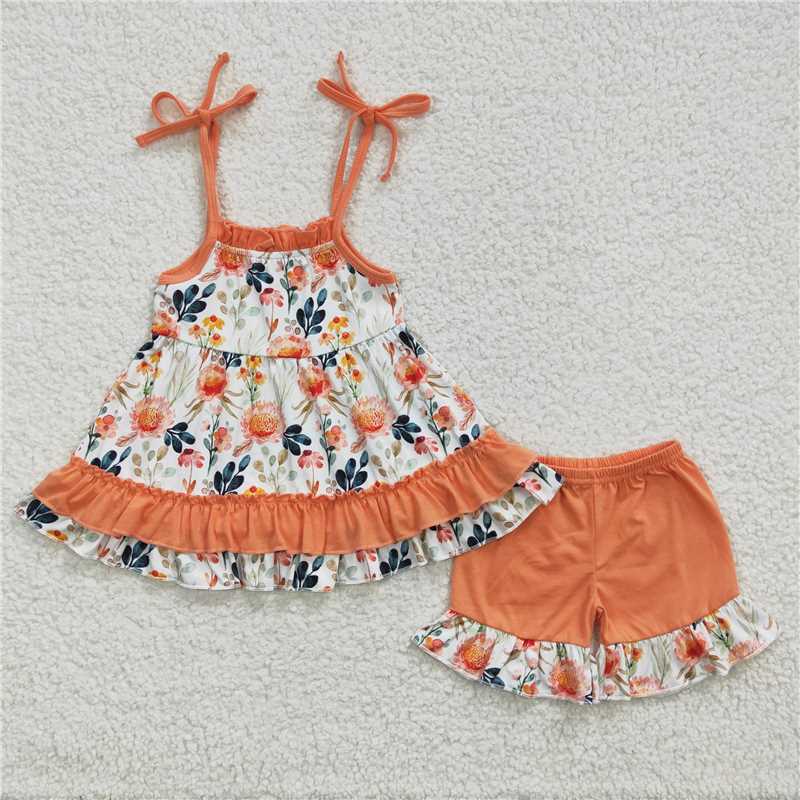 Summer Clothing Boutiques - z95-04 GSSO0194 卸売子供服女の子夏服オレンジの花サスペンダーショーツセットブティック女の赤ちゃん服