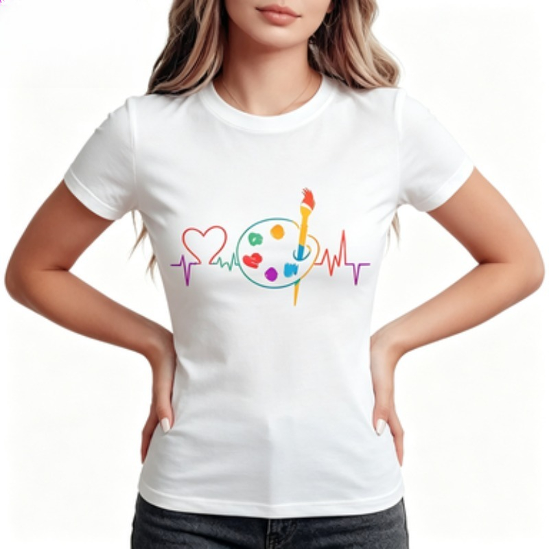 Summer Clothing Palette - カラフルな幾何学模様の女性用カジュアルクルーネックTシャツ、ハート型ペイントパレットプリント入り、夏のカジュアルで快適な服装に。