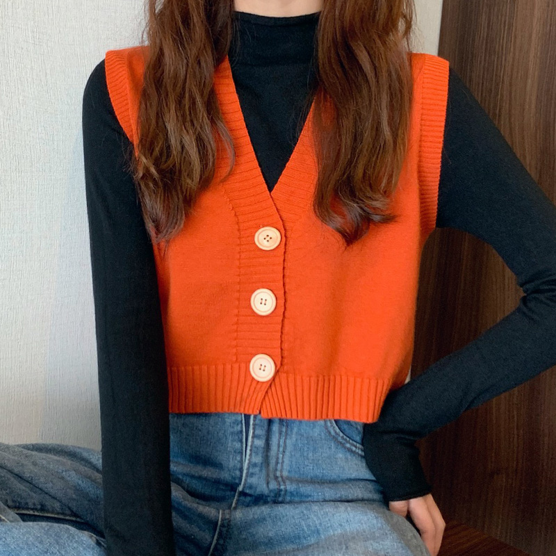 Summer Clothing Teens - ボタンダウンセーターベスト女性用ティーンガールVネックノースリーブクロップニットジャケットトップベーシック衣装