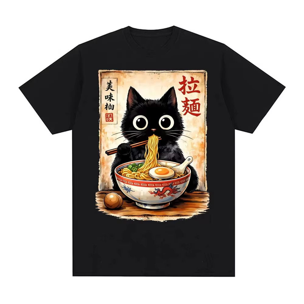 Summer Clothing Essentials Women - 2026 かわいいラーメン猫レトロ日本 N..エッセンシャル Tシャツ男性女性服ファッション Tシャツオーバーサイズ半袖トップス