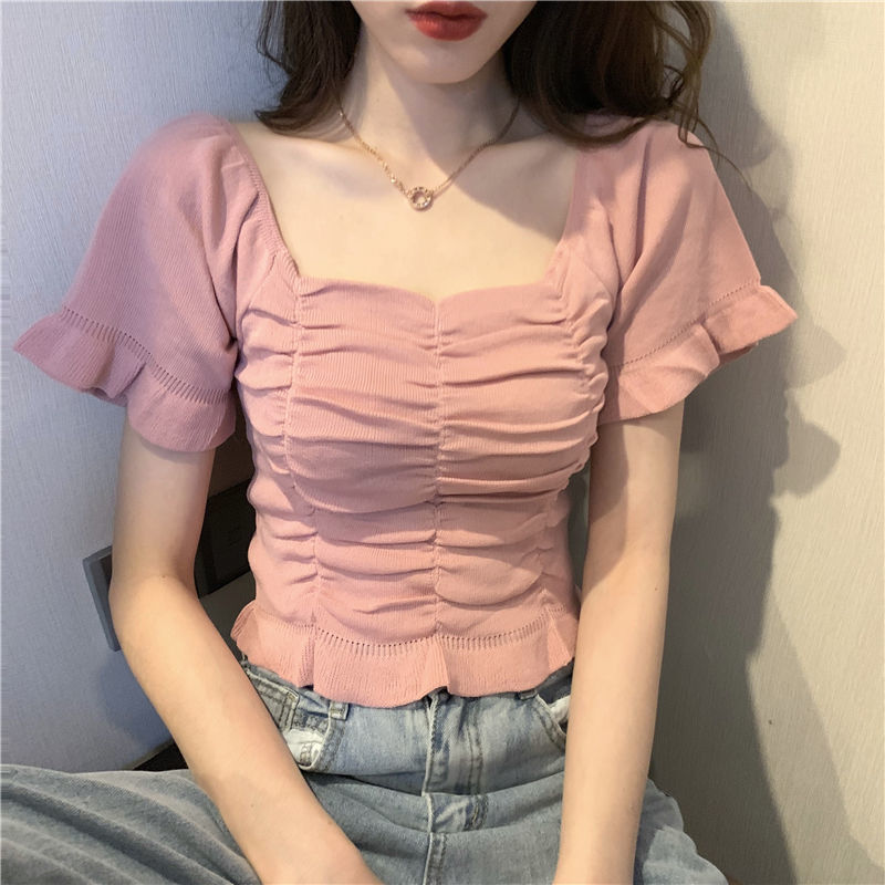 Summer Clothing For Teens - ニットファッションブラウス女性フリルユースエレガントブラウス夏クロップトップセクシーなスリムフィットシャツ半袖