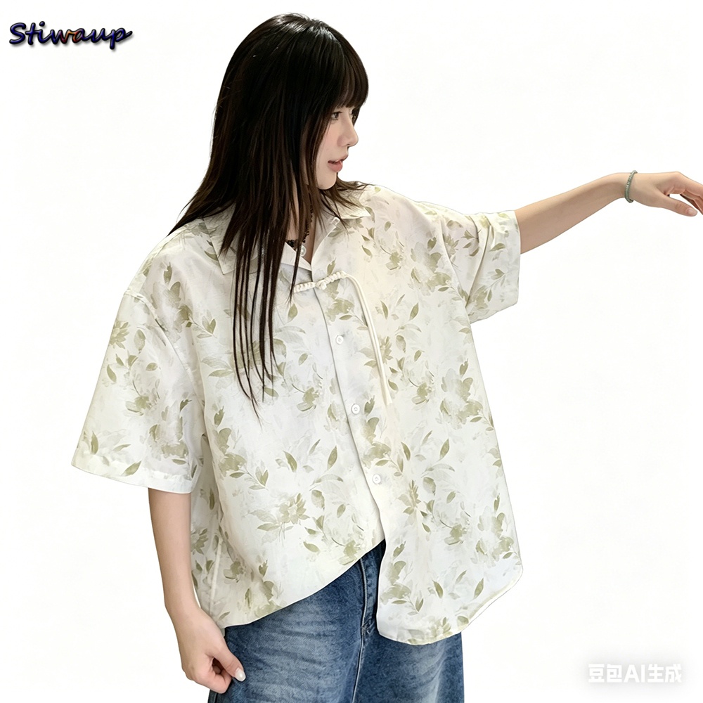 Summer Green Clothing - 夏の高品質の女性のブラウスグリーン中国ヴィンテージ花柄半袖女性のシャツオーバーサイズファッション女性服