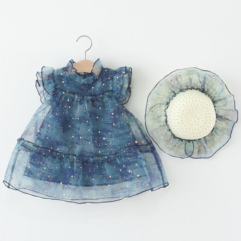 Summer Clothing Boutiques - 2 ピース夏服少女ドレス韓国ファッションメッシュノースリーブベビープリンセスドレス + サンハットブティック子供服 B084