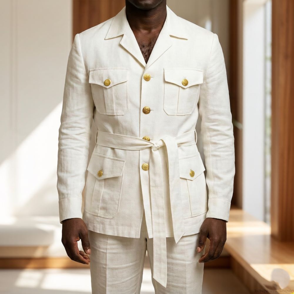 Summer Clothing Men Linen - メンズオフホワイトリネンサファリスーツ2ピースノッチドラペルプロムスーツ（ベルト、ゴールドボタン、マルチポケット付き）ビーチサマーウェディング用