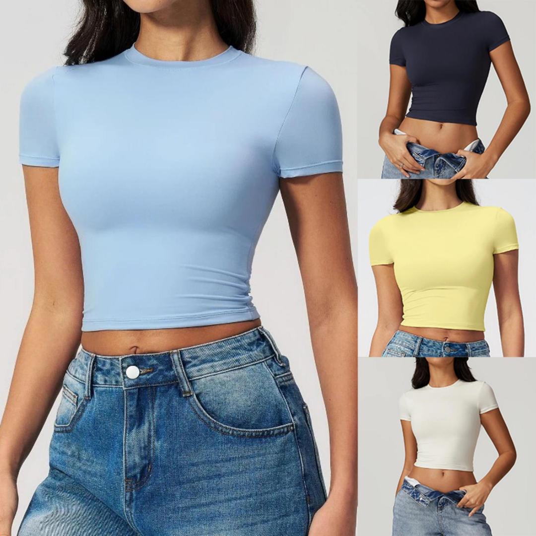 Summer Yoga Clothing - 女性用タイトフィットスポーツTシャツ 速乾性 半袖 ヨガTシャツ ピラティス ランニング