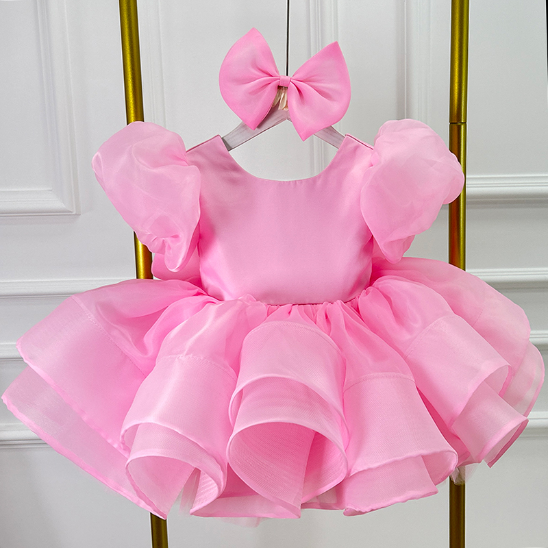 Summer Rose Clothing - 新しいサテン高級ガールドレスローズレッドバブルスリーブパーティー服子供の日パフォーマンス服は0-12歳に適しています