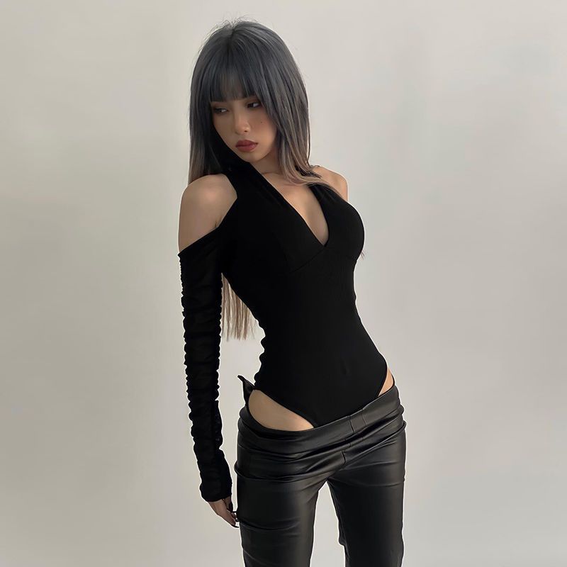 Summer Clothing Bundle - 女性のセクシーな中空ボディスーツ長袖オフショルダートップス無地ファッションハンギングネックカラージャンプスーツボトミング服