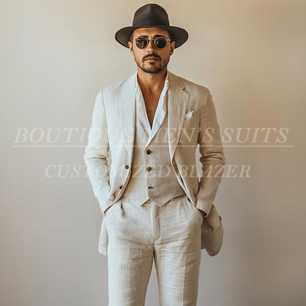 Summer Clothing Men Linen - カジュアル夏リネンメンズスーツ結婚式の花婿の付添人用 3 ピースジャケットパンツベストカスタマイズされたシングルブレスト男性服衣装