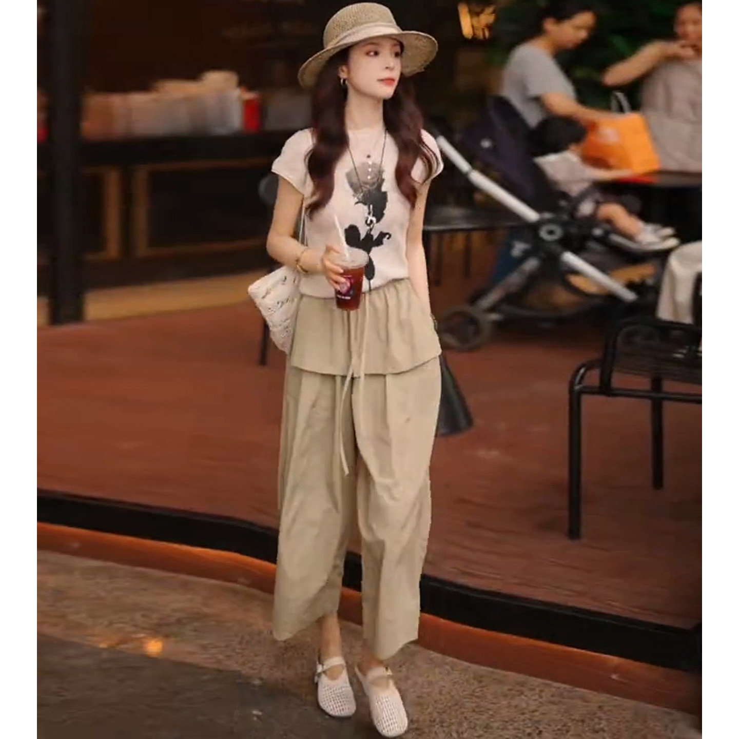 Summer Rose Clothing - 夏のローズプリントニット半袖トップとカジュアルパンツのツーピースセット女性のファッショナブルな通気性のある軽量服