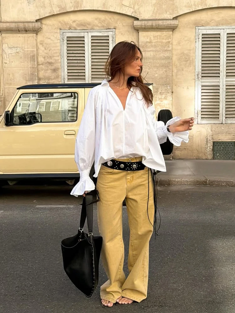 女性用ホワイトVネックタイフロントランタンスリーブシャツルー - Tie Front Shirt のレビューと価格