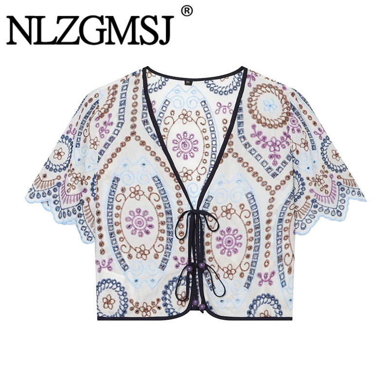 Nlzgmsj 2026 夏の女性の刺繍ブラウス V ネック - Tie Front Shirt のレビューと価格