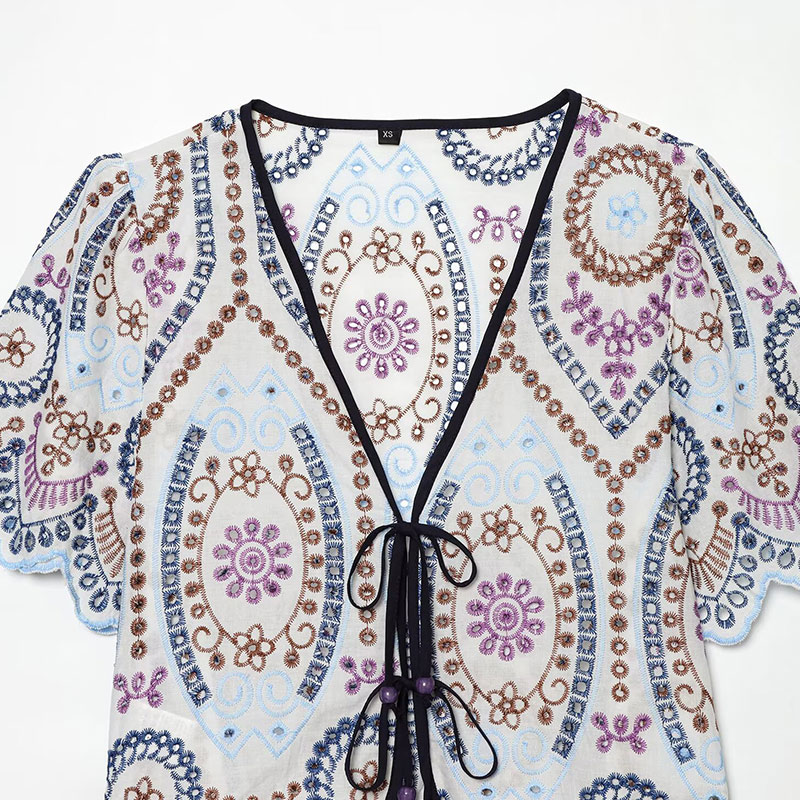 Nlzgmsj 2026 夏の女性の刺繍ブラウス V ネック - Tie Front Shirt のレビューと価格