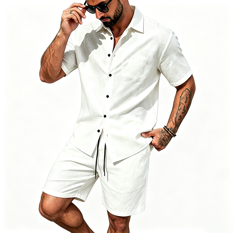 男性リネンツーピース衣装半袖ラペルボタンシャツ弾性ドロースト - Summer Clothing Men Linen のレビューと価格