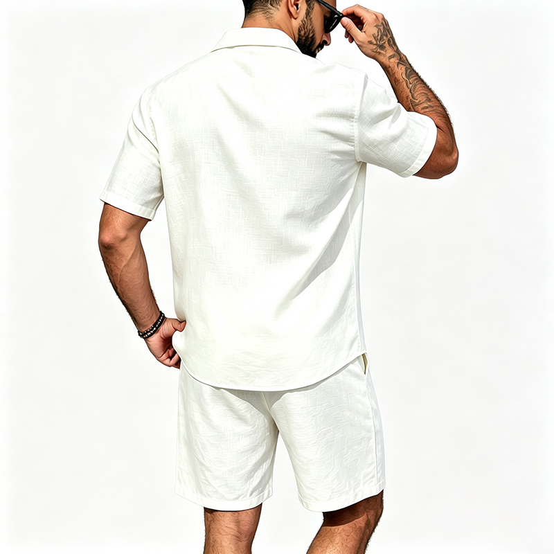男性リネンツーピース衣装半袖ラペルボタンシャツ弾性ドロースト - Summer Clothing Men Linen のレビューと価格