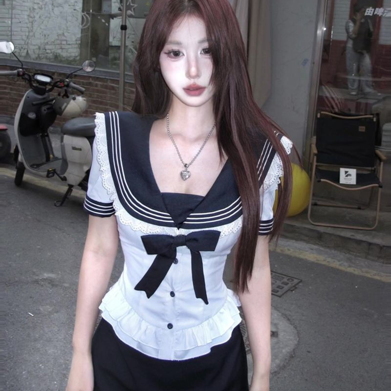 Deeptown 甘い弓セーラー襟女性シャツ白レース半袖日本 - Summer Clothing For Teens のレビューと価格