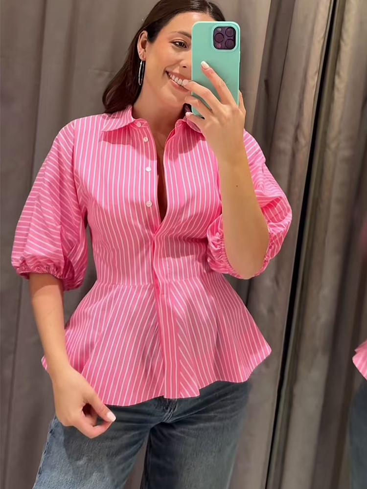 TFMLN 女性ストライプシャツスリムフィットバブルスリーブ - Summer Clothing For Teens のレビューと価格