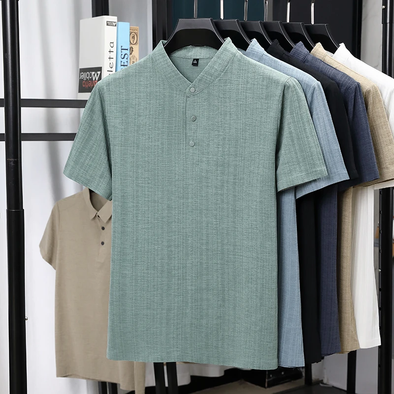 メンズマンダリンカラーハーフプラケットリネンテクスチャード半 - Summer Clothing Men Linen のレビューと価格