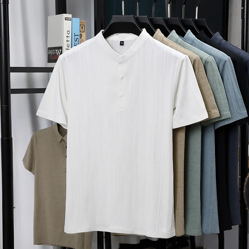 メンズマンダリンカラーハーフプラケットリネンテクスチャード半 - Summer Clothing Men Linen のレビューと価格