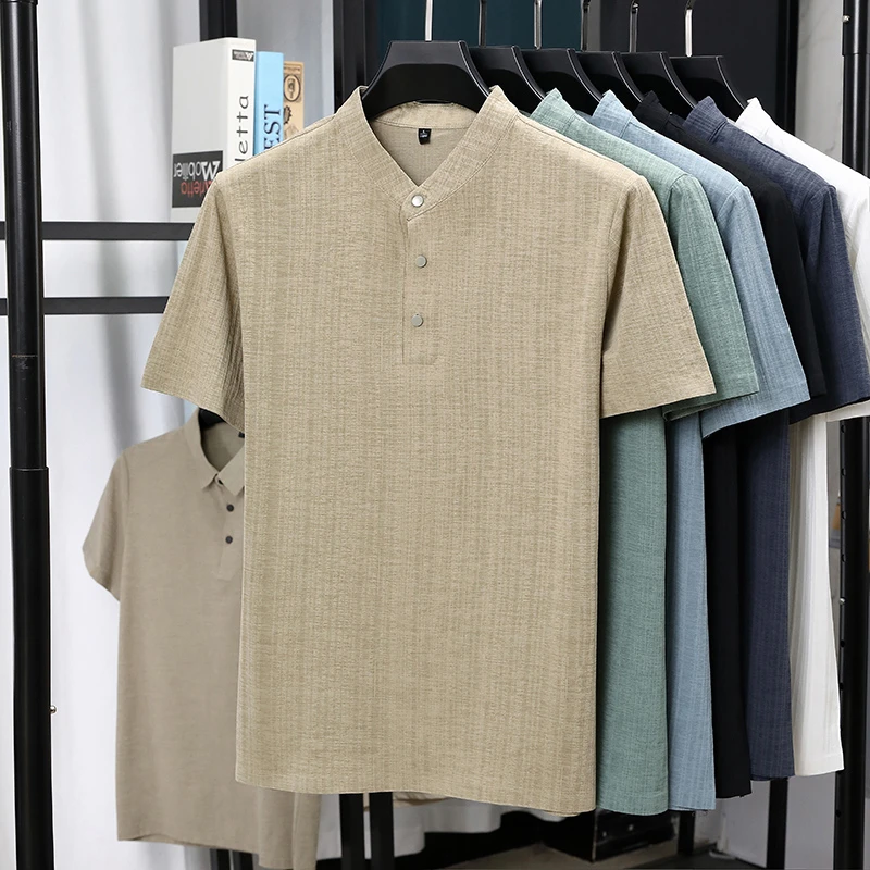 メンズマンダリンカラーハーフプラケットリネンテクスチャード半 - Summer Clothing Men Linen のレビューと価格