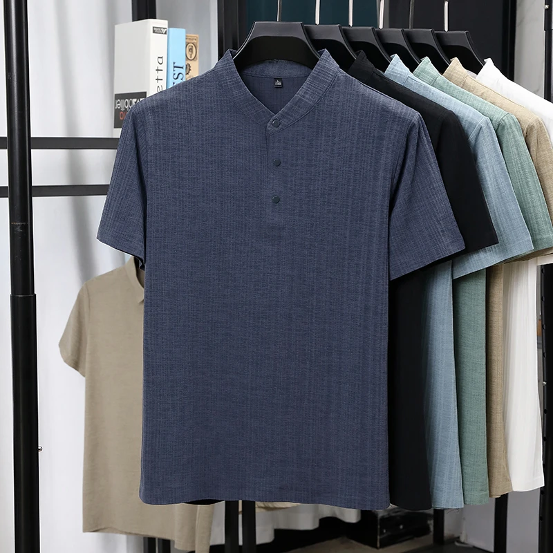 メンズマンダリンカラーハーフプラケットリネンテクスチャード半 - Summer Clothing Men Linen のレビューと価格