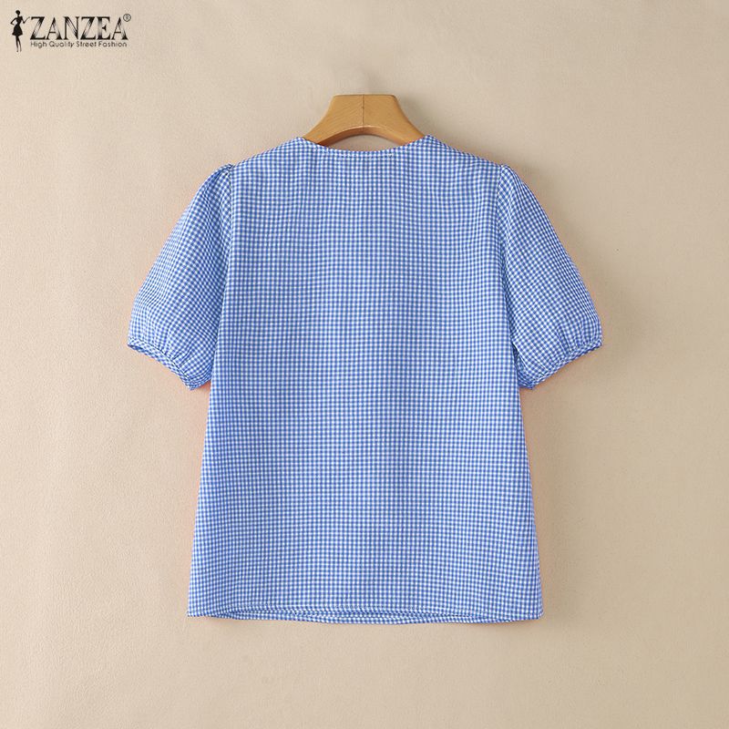 ZANZEA 女性夏ヴィンテージギンガムチェックブラウスボウ - Summer De Clothing のレビューと価格