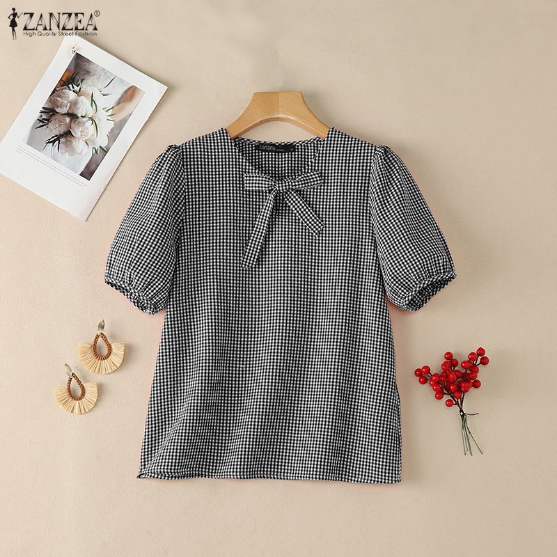 ZANZEA 女性夏ヴィンテージギンガムチェックブラウスボウ - Summer De Clothing のレビューと価格