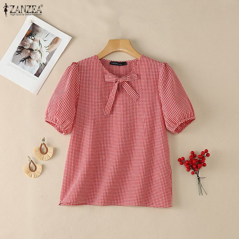 ZANZEA 女性夏ヴィンテージギンガムチェックブラウスボウ - Summer De Clothing のレビューと価格
