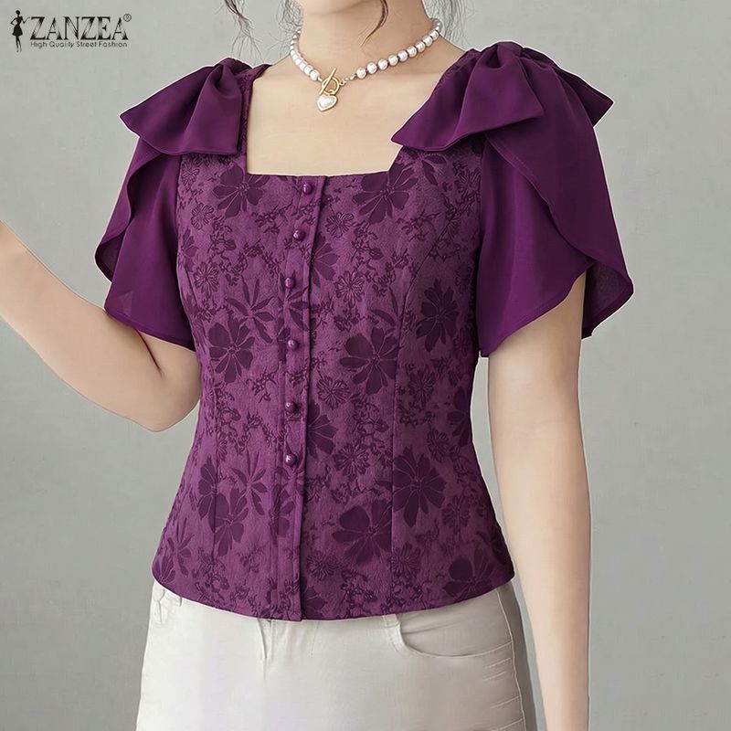 ZANZEA 女性エレガントな花柄ジャカードブラウススクエア - Summer De Clothing のレビューと価格